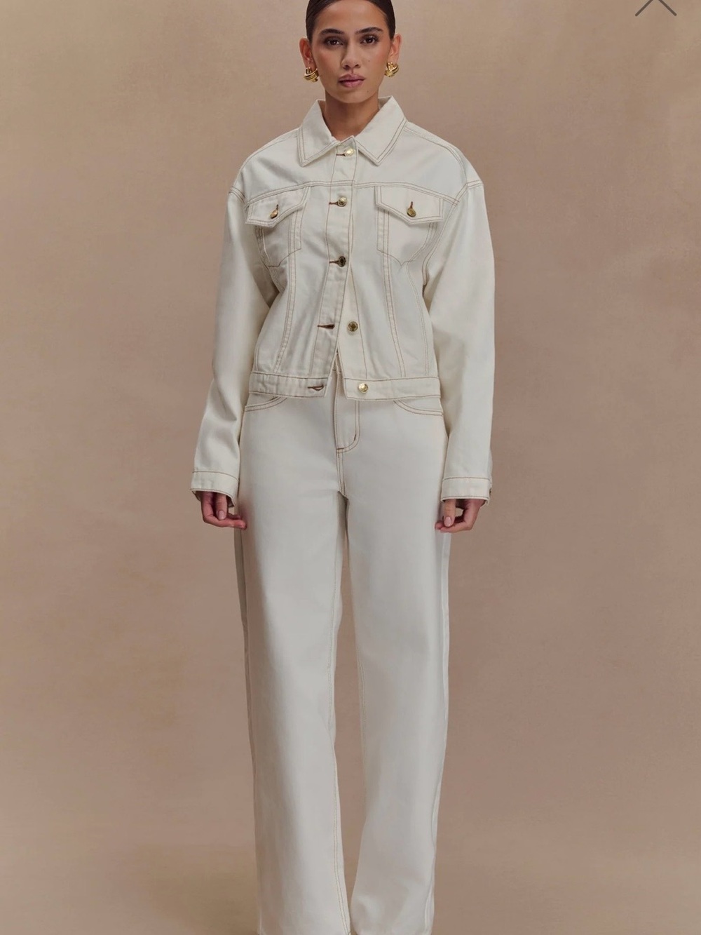 NWT MESHKI Kirra Cinched Denim Jacket in White Contrast Stitching Size S